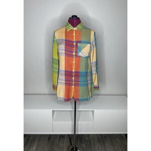 Soft Surroundings Top Women's S Plaid Floral Embroidered  Button Up‎ Linen Blend